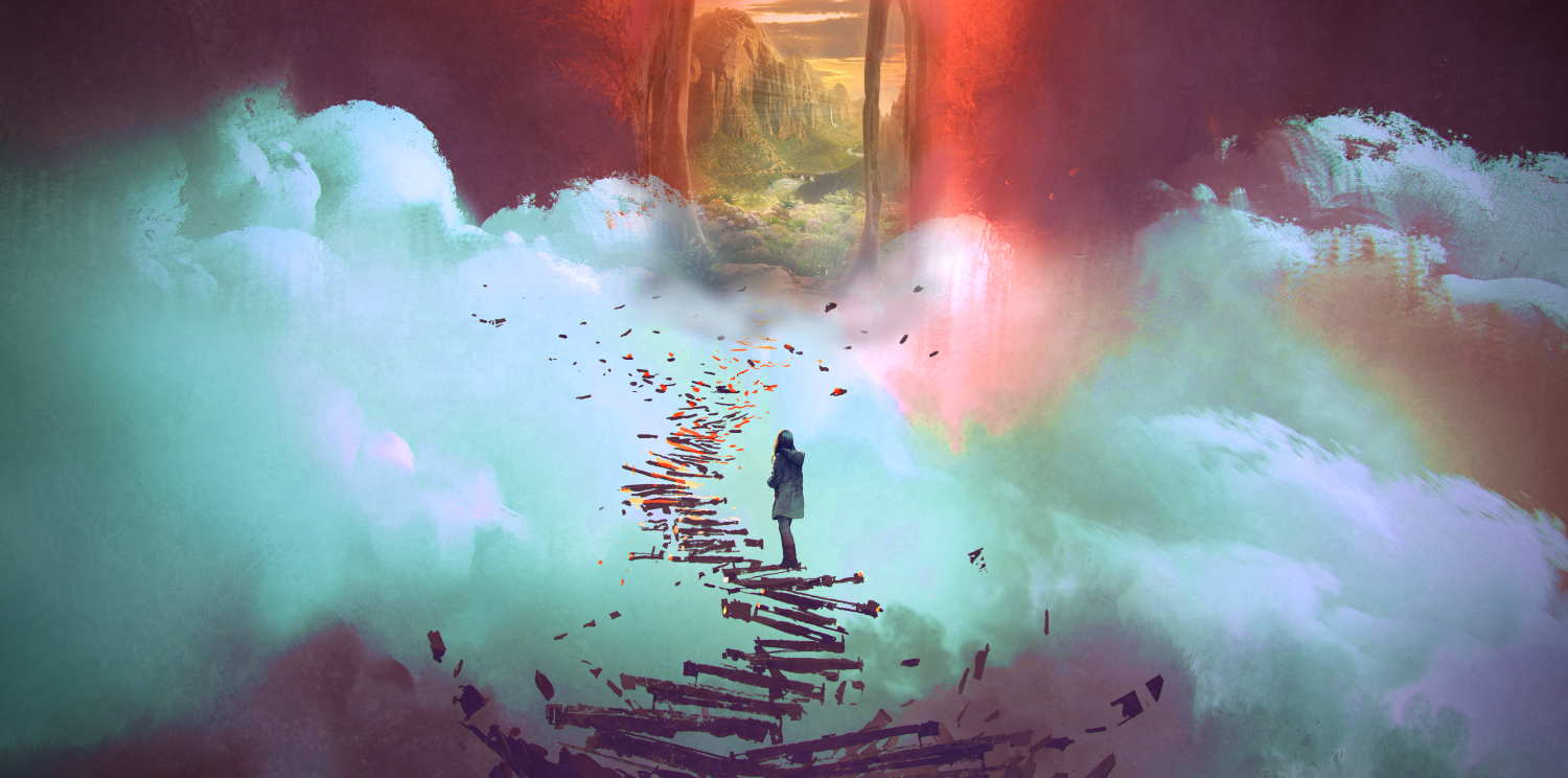 A girl on floating stairs walking towards a magical entrance to another world.